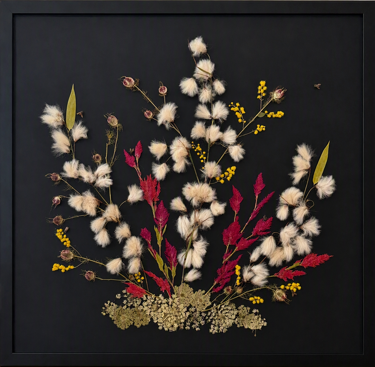 Islandic Grass, Celosia & Mimosa on Queen Anne's Lace